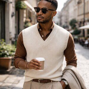 Suitsupply Cotton Silk Sweater Vest Cream V-Neck Knit Size L Quiet Luxury